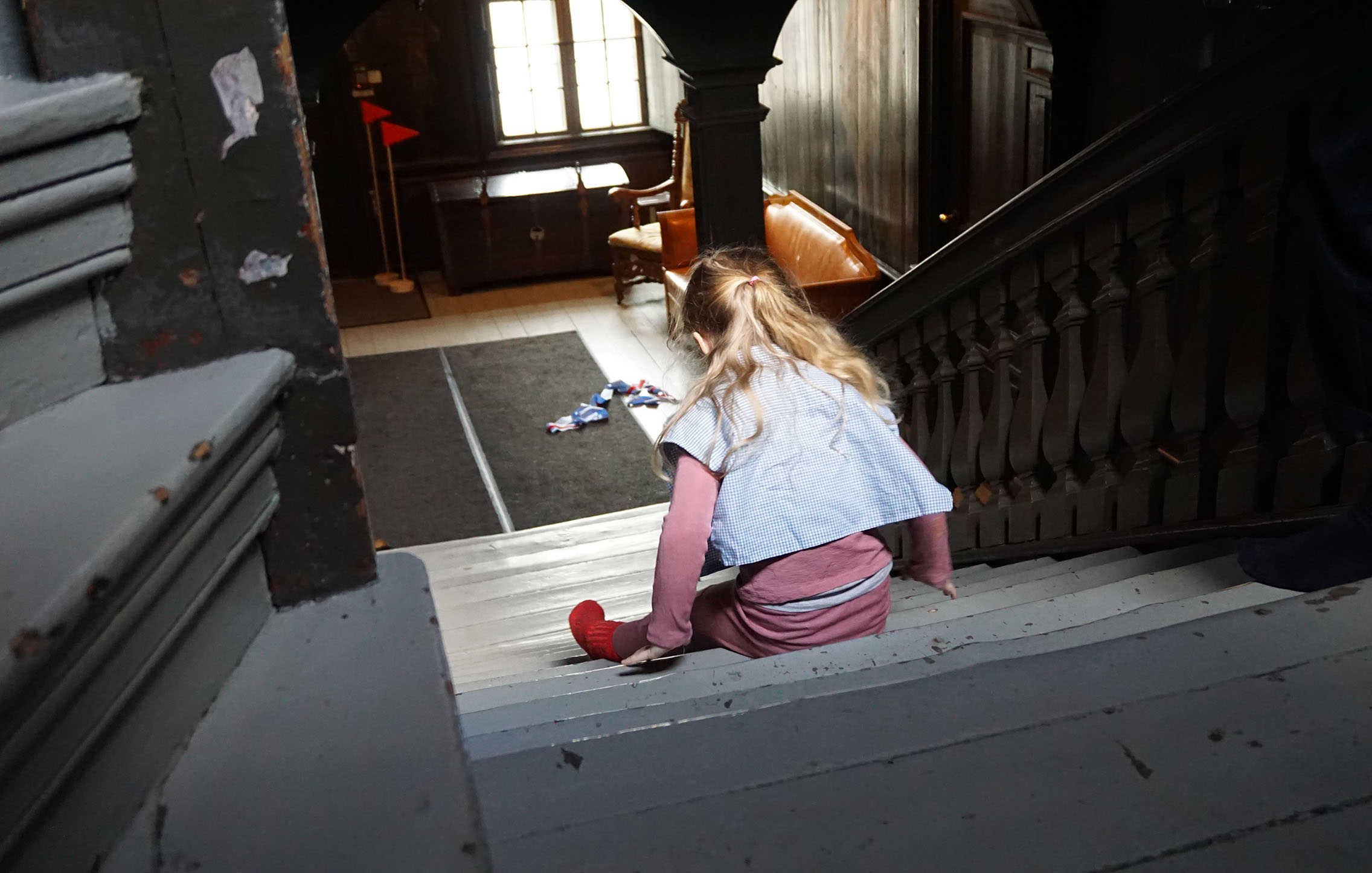 down the stairs